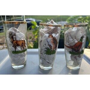 3 Vintage Ruhrglas Wildlife Gold Rimmed Highball Glasses Deer Pheasant Hawk